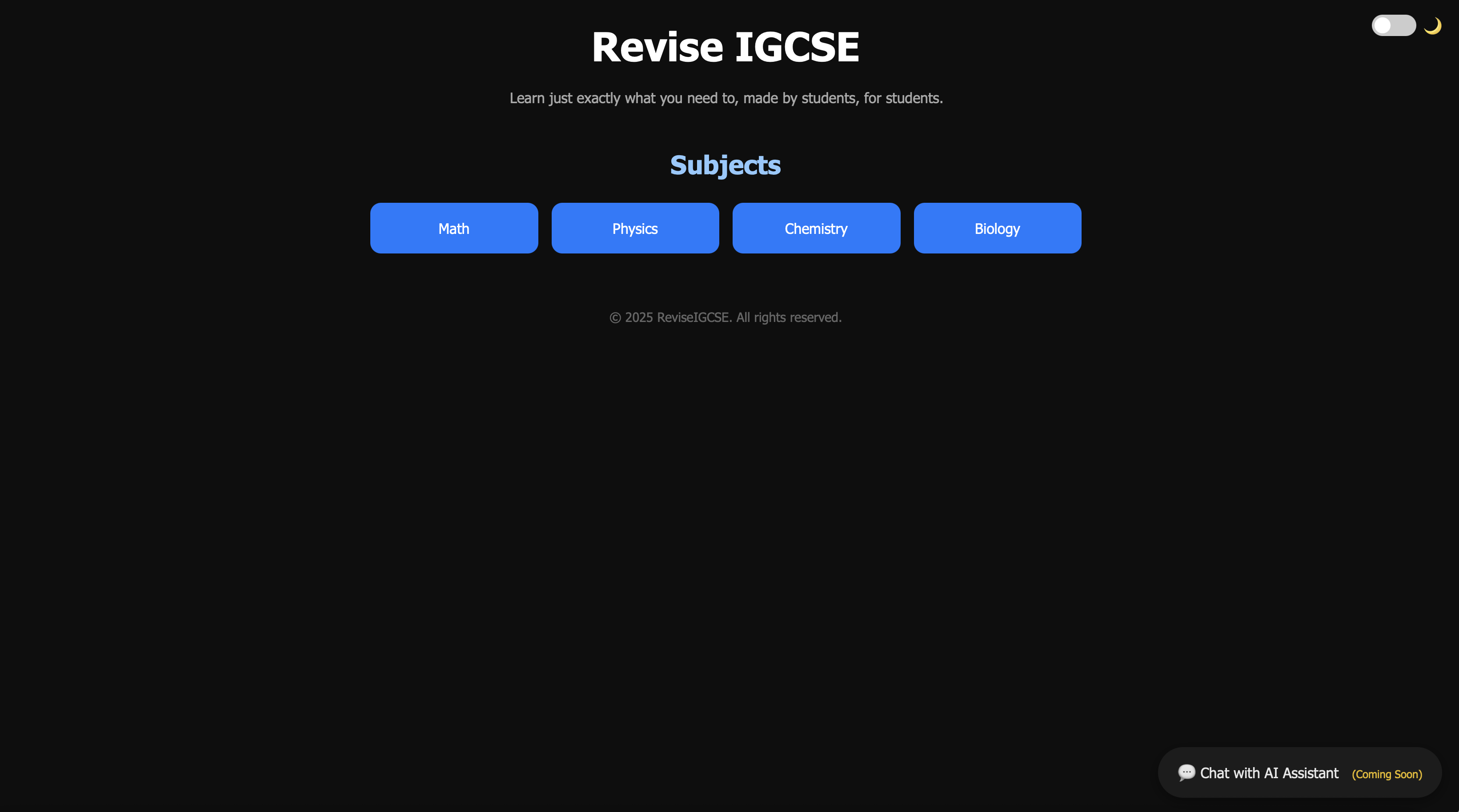 ReviseIGCSE website showing subject revision resources and a planned AI assistant